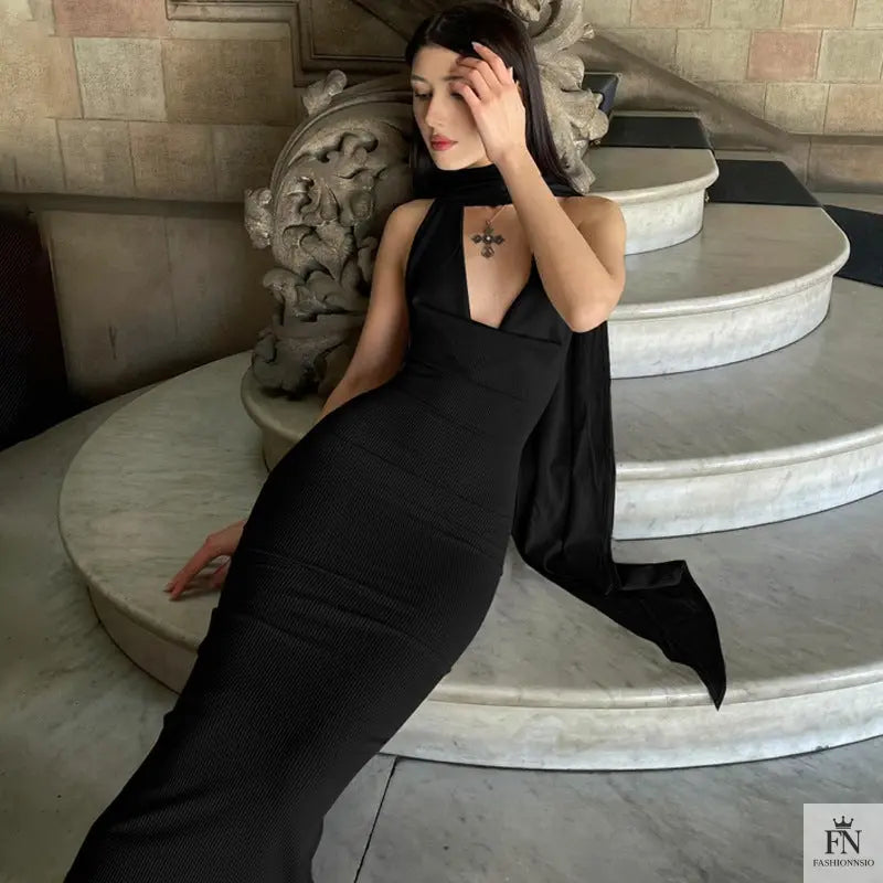 Bodycon Long Dress With Scarf - Fashionnsio