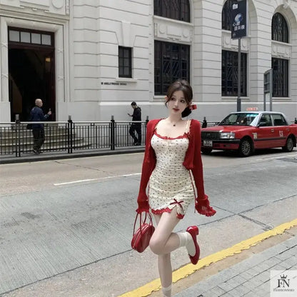 Bow Floral Mini Dress + Cardigan - Fashionnsio