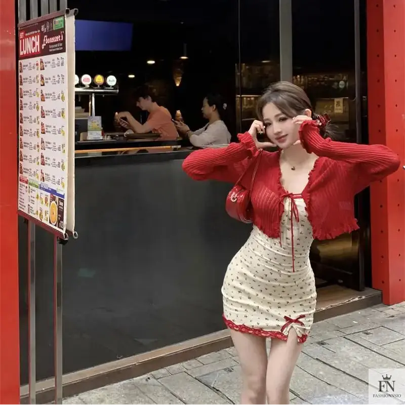 Bow Floral Mini Dress + Cardigan - Fashionnsio