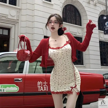 Bow Floral Mini Dress + Cardigan - Fashionnsio