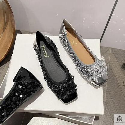 Bow Glittery Sequin Flats - Fashionnsio