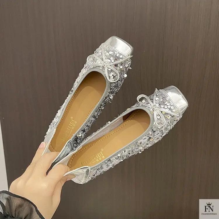 Bow Glittery Sequin Flats - Fashionnsio