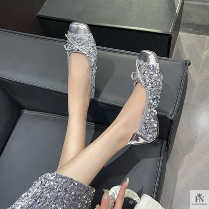 Bow Glittery Sequin Flats - Fashionnsio