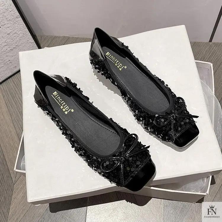 Bow Glittery Sequin Flats - Fashionnsio