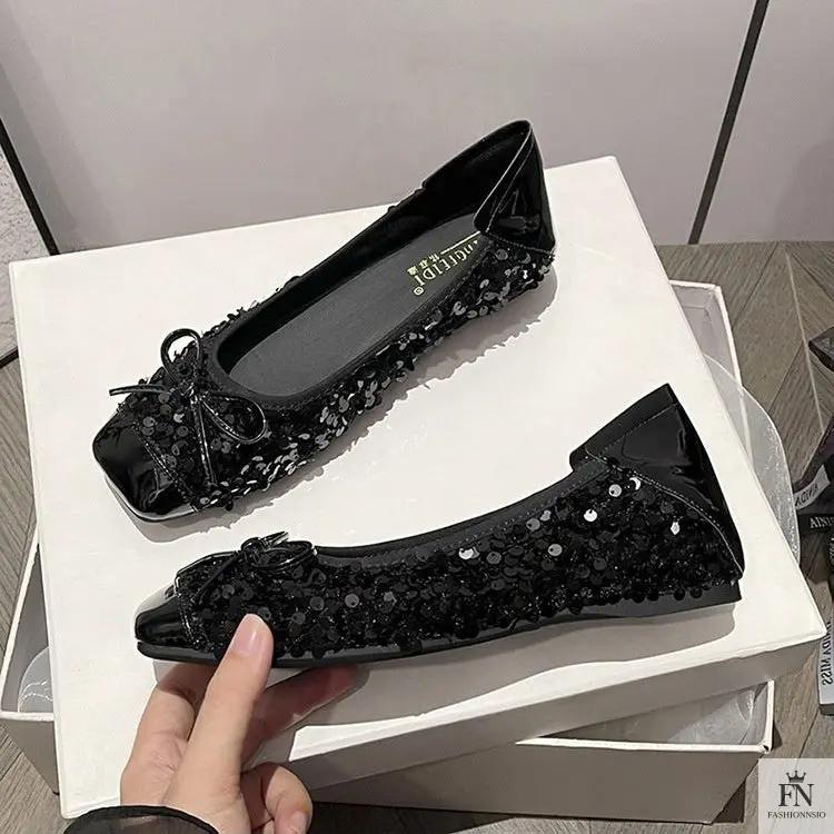 Bow Glittery Sequin Flats - Fashionnsio