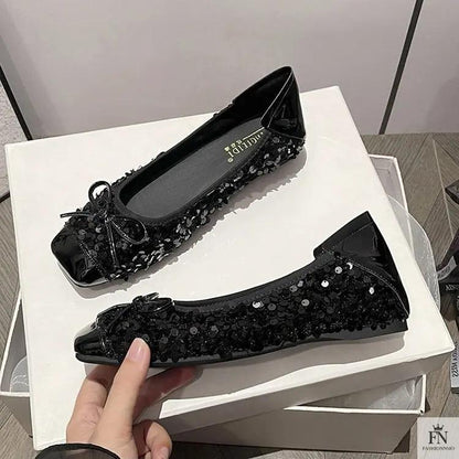 Bow Glittery Sequin Flats - Fashionnsio