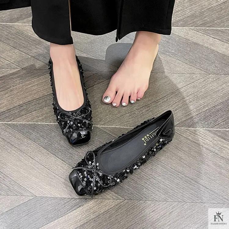 Bow Glittery Sequin Flats - Fashionnsio
