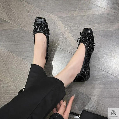 Bow Glittery Sequin Flats - Fashionnsio