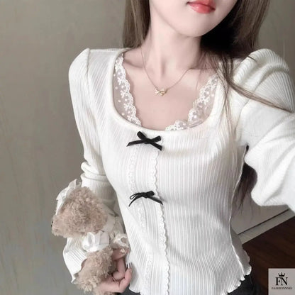 Knit Lace Black Bow Top - Fashionnsio