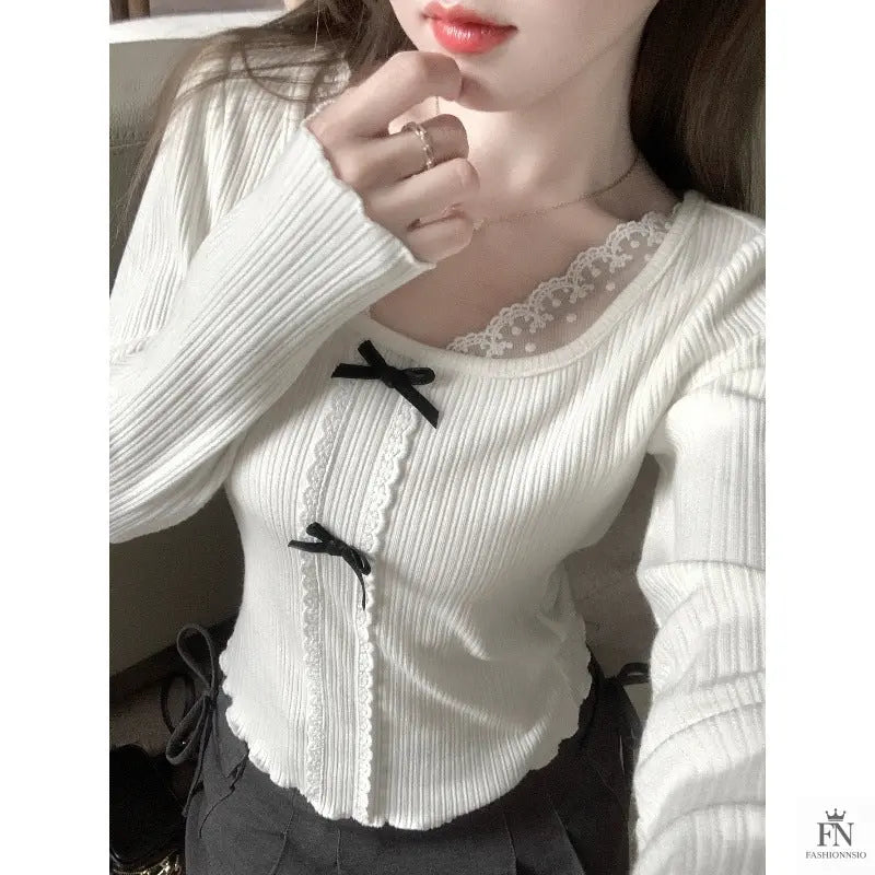 Knit Lace Black Bow Top - Fashionnsio