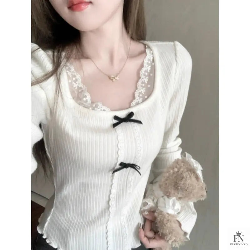 Knit Lace Black Bow Top - Fashionnsio