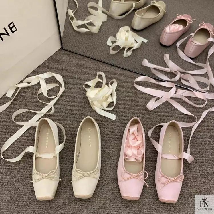 Bow Lace Up Ballet Flats - Fashionnsio