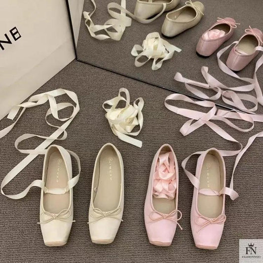Bow Lace Up Ballet Flats - Fashionnsio