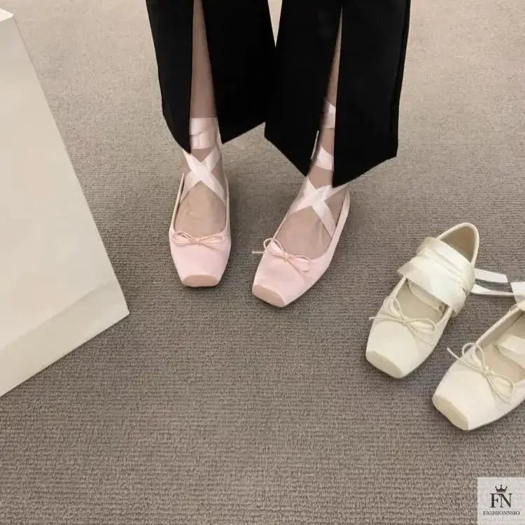 Bow Lace Up Ballet Flats - Fashionnsio