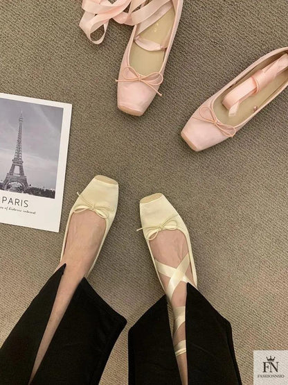 Bow Lace Up Ballet Flats - Fashionnsio