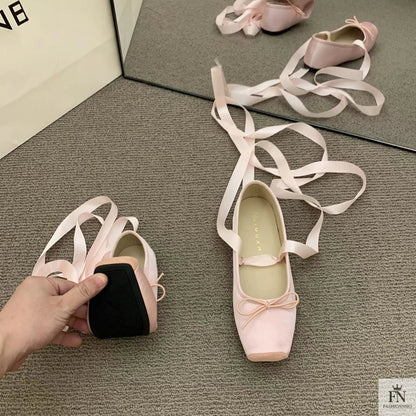 Bow Lace Up Ballet Flats - Fashionnsio