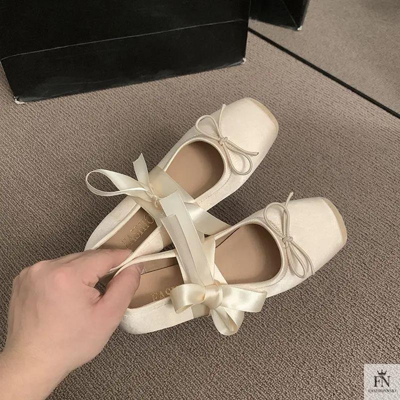 Bow Lace Up Ballet Flats - Fashionnsio