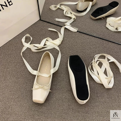 Bow Lace Up Ballet Flats - Fashionnsio