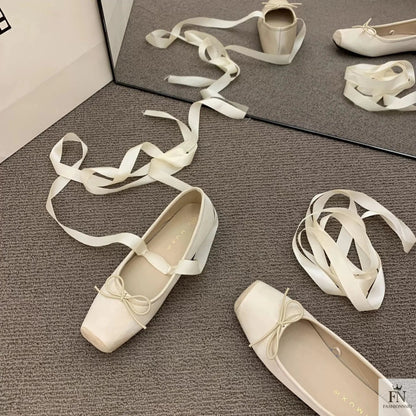 Bow Lace Up Ballet Flats - Fashionnsio