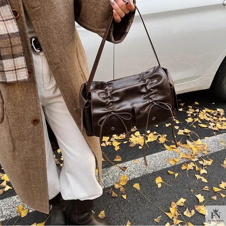 Bow Pleated Drawstring Shoulder Bags - Fashionnsio