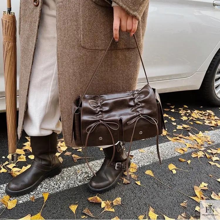 Bow Pleated Drawstring Shoulder Bags - Fashionnsio