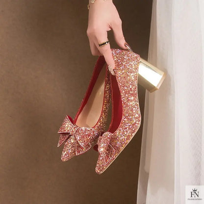 Bow Sequins Wedding Chunky Heels - Fashionnsio