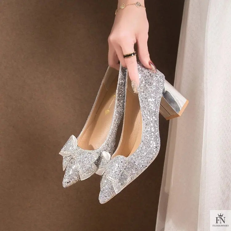 Bow Sequins Wedding Chunky Heels - Fashionnsio