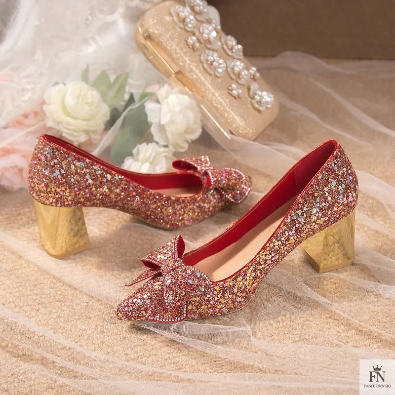 Bow Sequins Wedding Chunky Heels - Fashionnsio