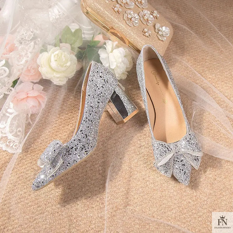 Bow Sequins Wedding Chunky Heels - Fashionnsio