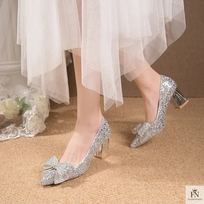 Bow Sequins Wedding Chunky Heels - Fashionnsio