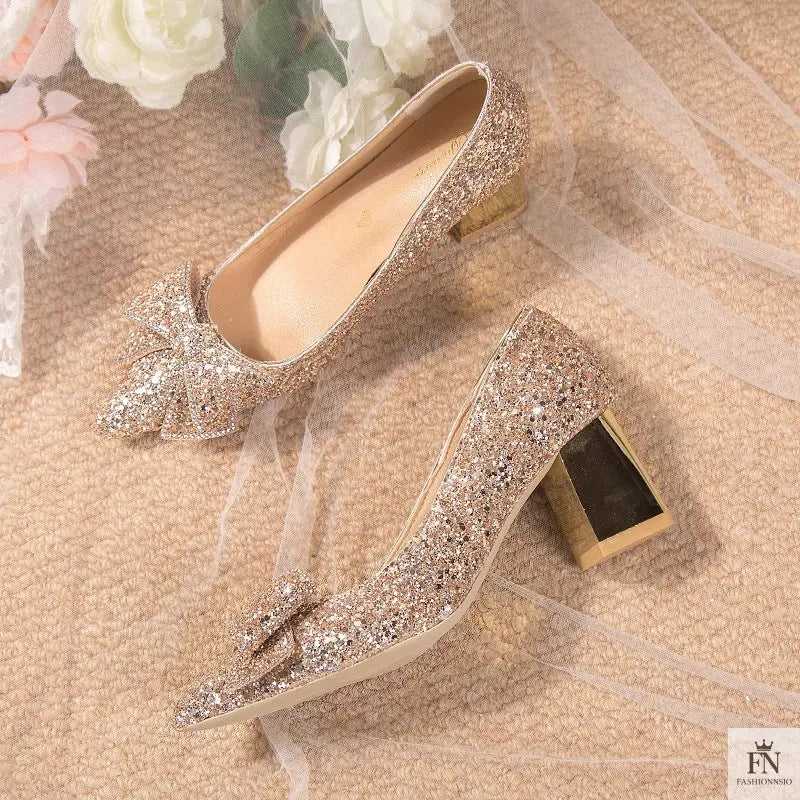 Bow Sequins Wedding Chunky Heels - Fashionnsio