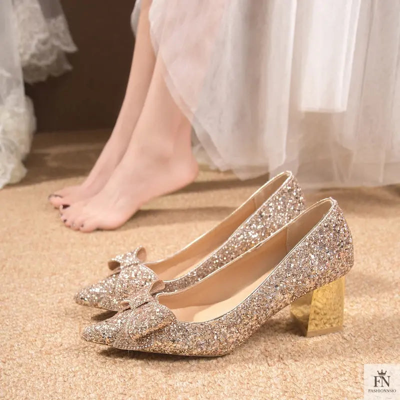 Bow Sequins Wedding Chunky Heels - Fashionnsio