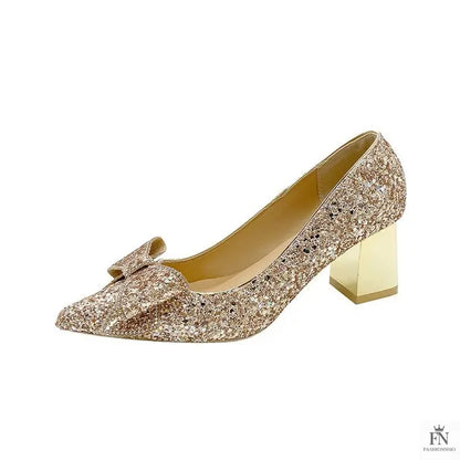 Bow Sequins Wedding Chunky Heels - Fashionnsio