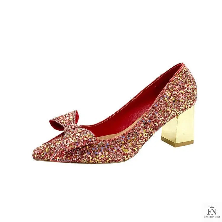 Bow Sequins Wedding Chunky Heels - Fashionnsio
