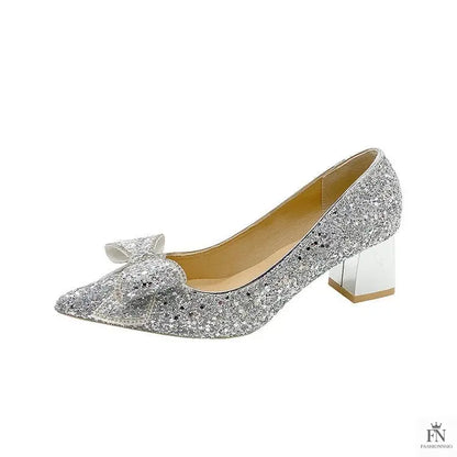 Bow Sequins Wedding Chunky Heels - Fashionnsio
