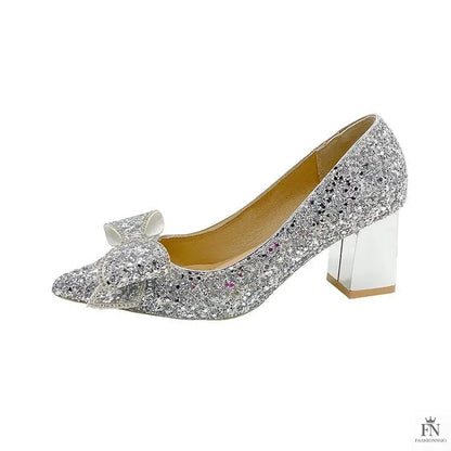Bow Sequins Wedding Chunky Heels - Fashionnsio