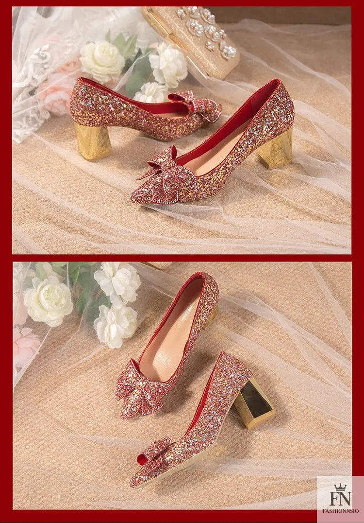 Bow Sequins Wedding Chunky Heels - Fashionnsio