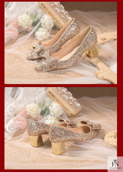 Bow Sequins Wedding Chunky Heels - Fashionnsio