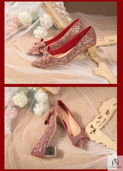 Bow Sequins Wedding Chunky Heels - Fashionnsio