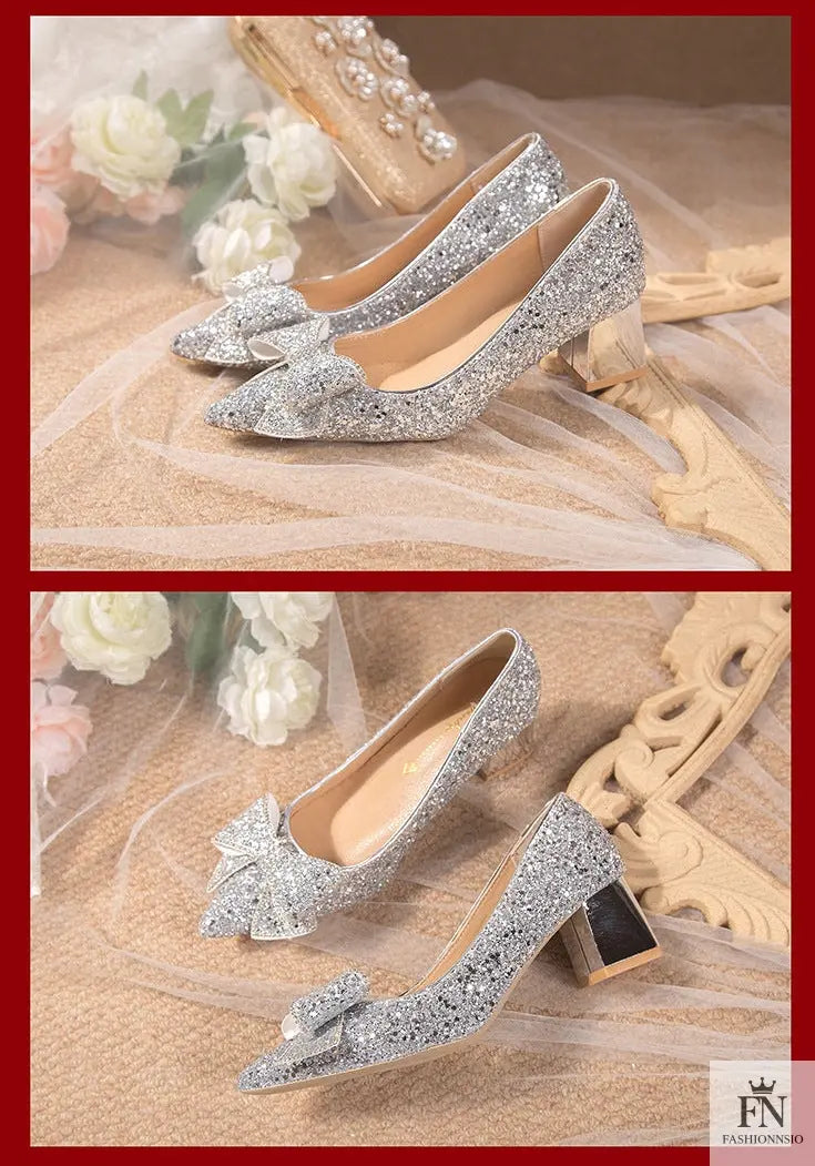 Bow Sequins Wedding Chunky Heels - Fashionnsio