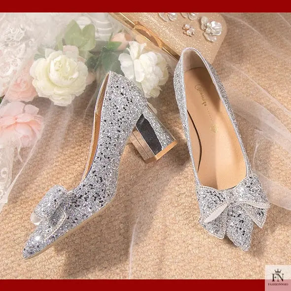 Bow Sequins Wedding Chunky Heels - Fashionnsio