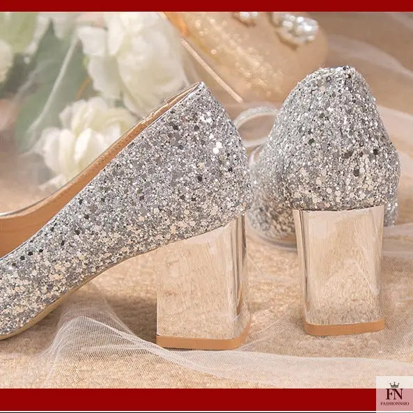 Bow Sequins Wedding Chunky Heels - Fashionnsio
