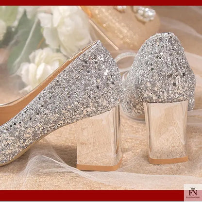 Bow Sequins Wedding Chunky Heels - Fashionnsio