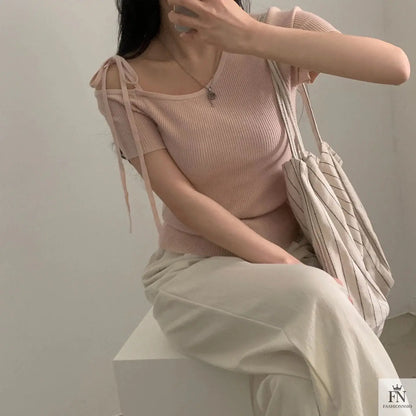 Bow Strap Ribbed One Shoulder Top - Fashionnsio