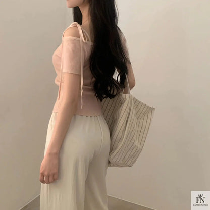 Bow Strap Ribbed One Shoulder Top - Fashionnsio