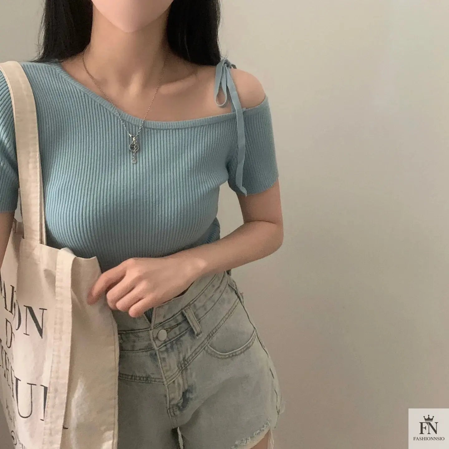Bow Strap Ribbed One Shoulder Top - Fashionnsio