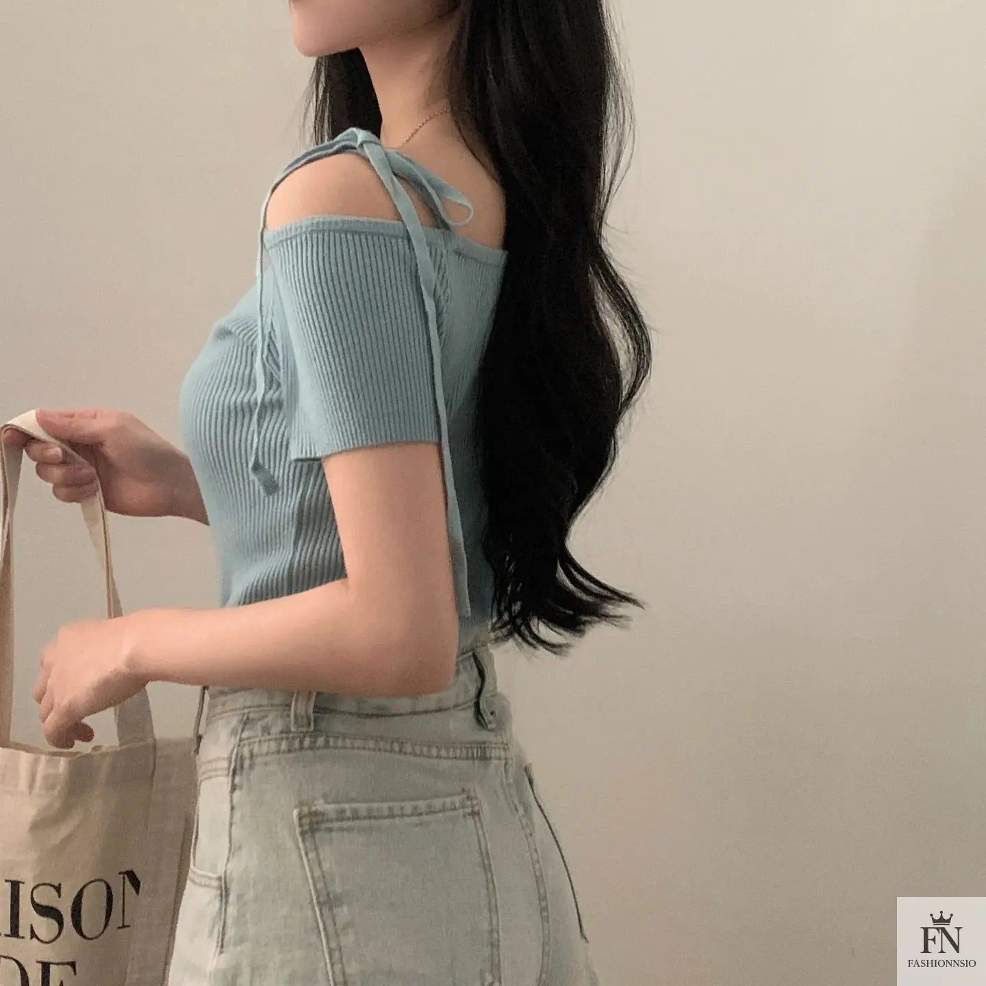 Bow Strap Ribbed One Shoulder Top - Fashionnsio