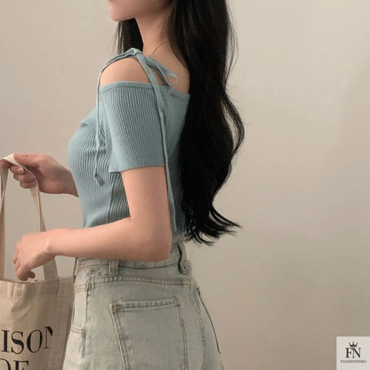 Bow Strap Ribbed One Shoulder Top - Fashionnsio