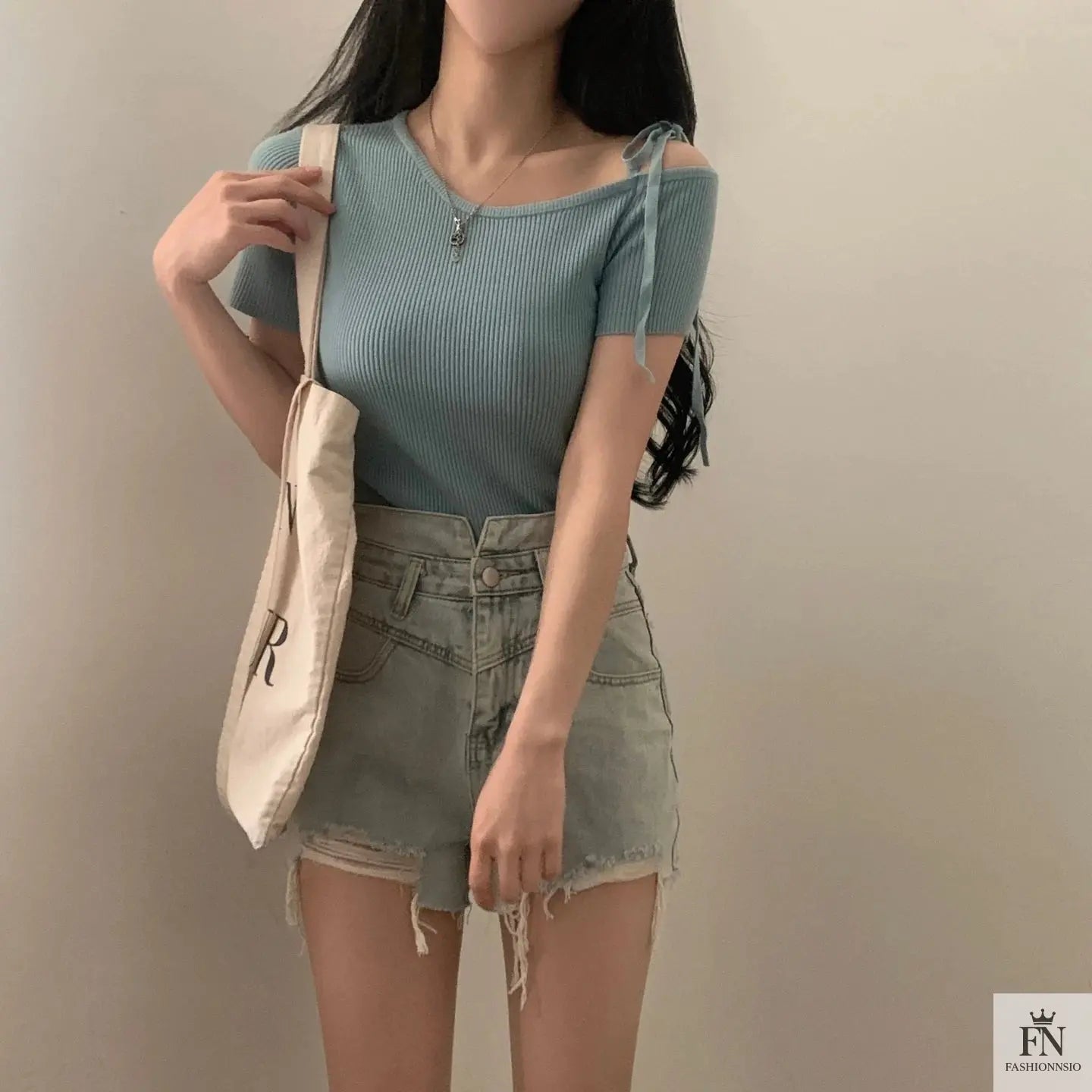 Bow Strap Ribbed One Shoulder Top - Fashionnsio