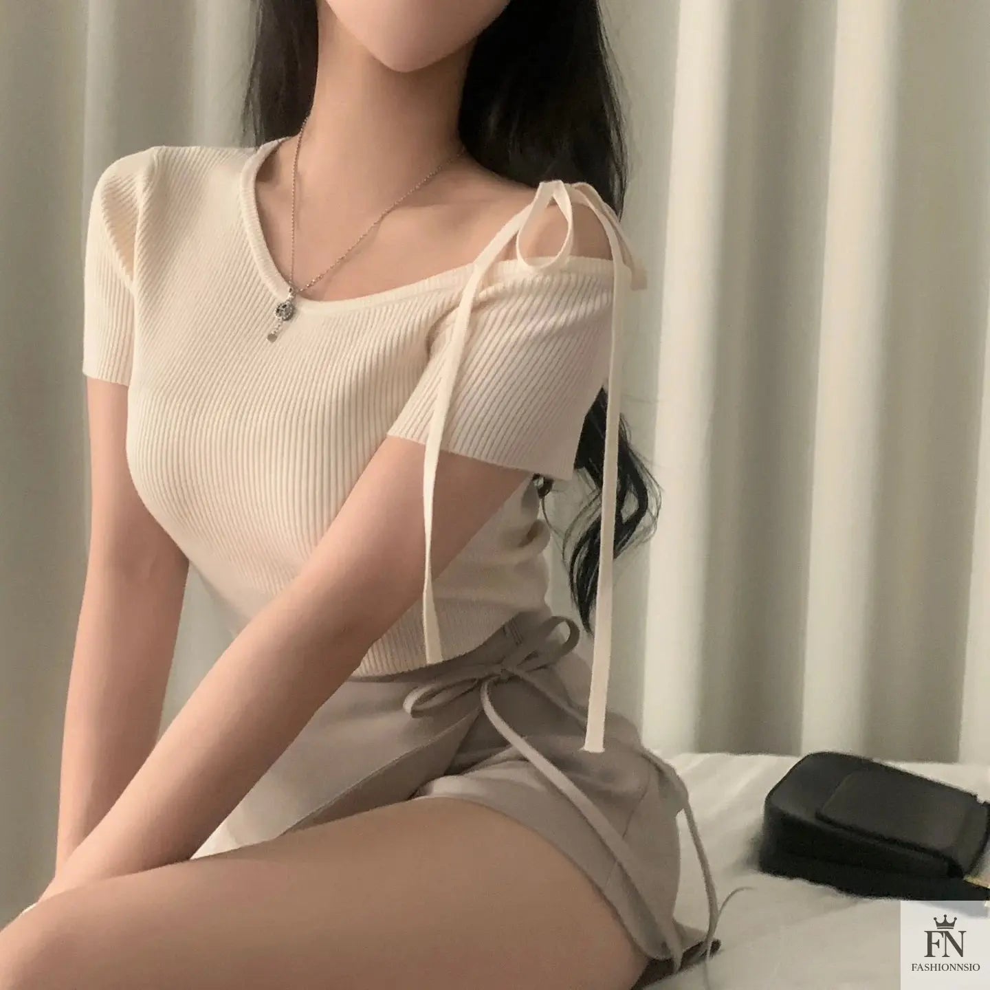 Bow Strap Ribbed One Shoulder Top - Fashionnsio